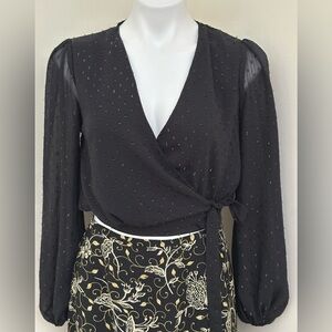 BLUE RAIN Black Sheer Wrap Tie In Front Swiss Dots Elastic Sleeves Blouse Sz XS